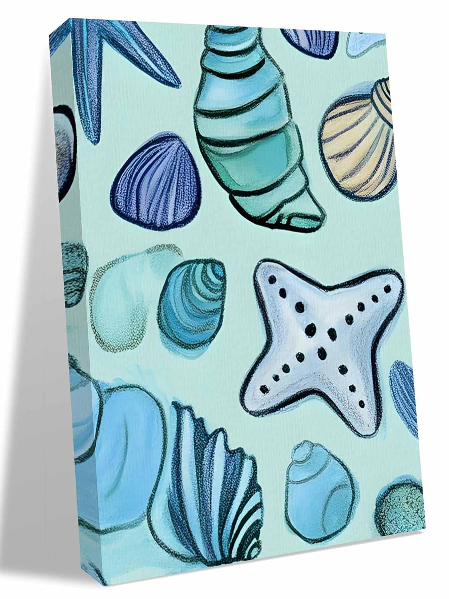 NuYeBiofx Ocean Shell Conch Cartoon Style Canvas Wall Art Prints,40"x28" Framed Picture Artwork Blue Printed Canvas Oil Painting for Living Room Bedroom Office,Ready to Hang