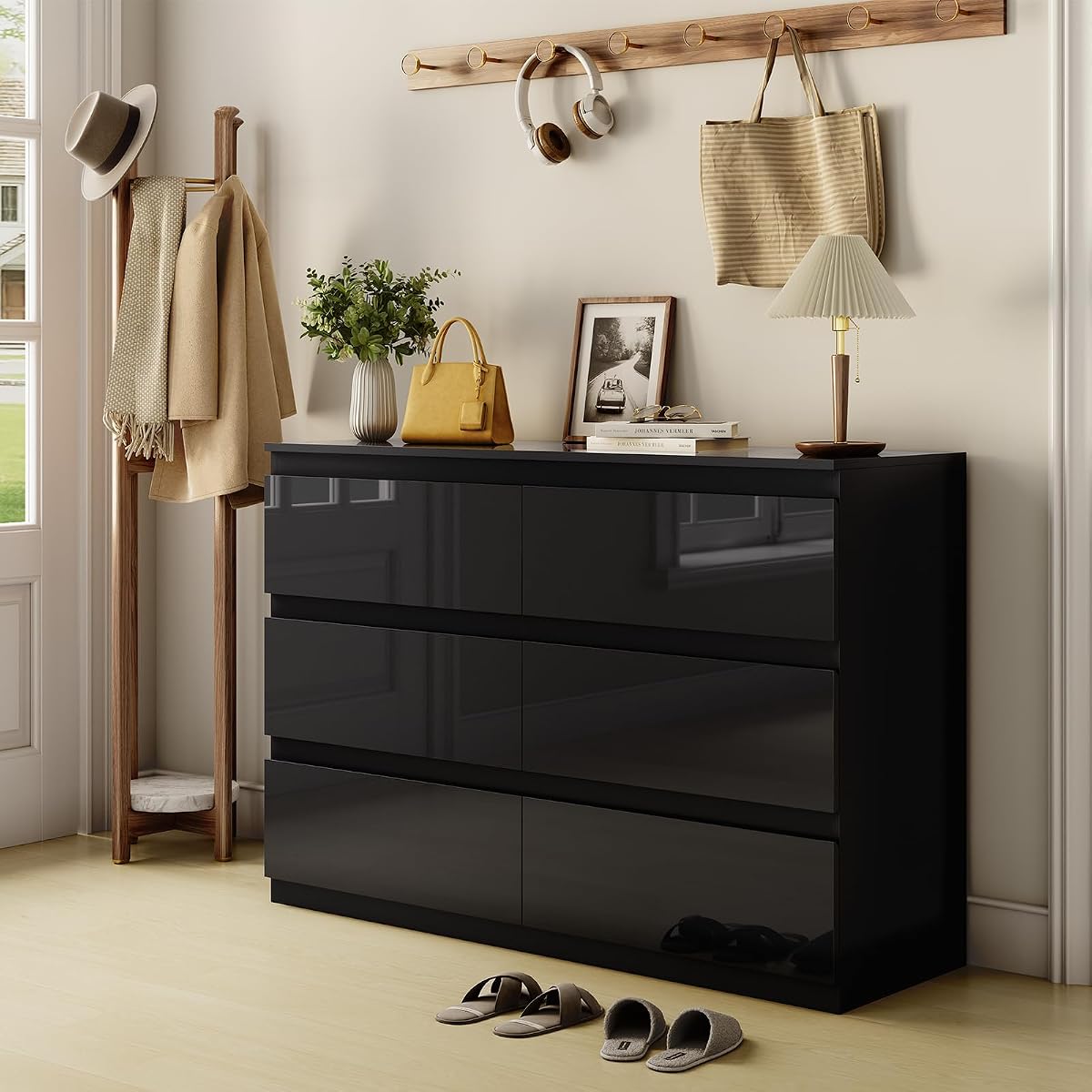 6 Drawer Dresser for Bedroom, 47" Wide Black Wood Chest for Storage