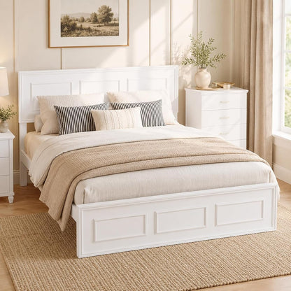 White Farmhouse Wood Full Size Bed Frame with Adjustable Headboard