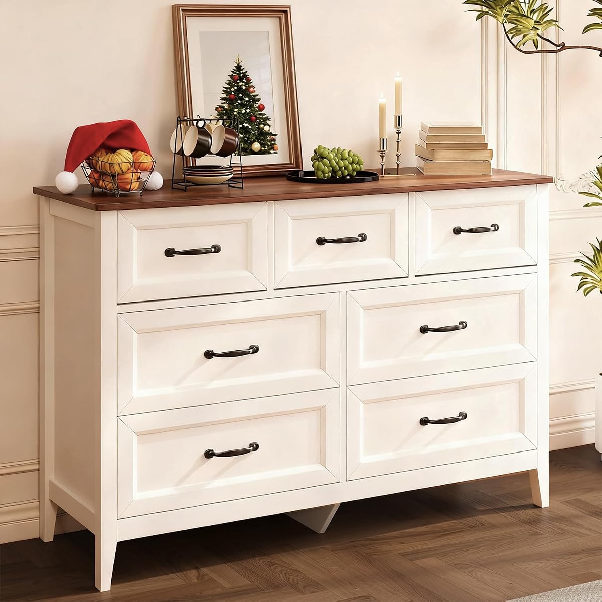 Farmhouse 7 Drawers Dresser, White Chest of Drawers