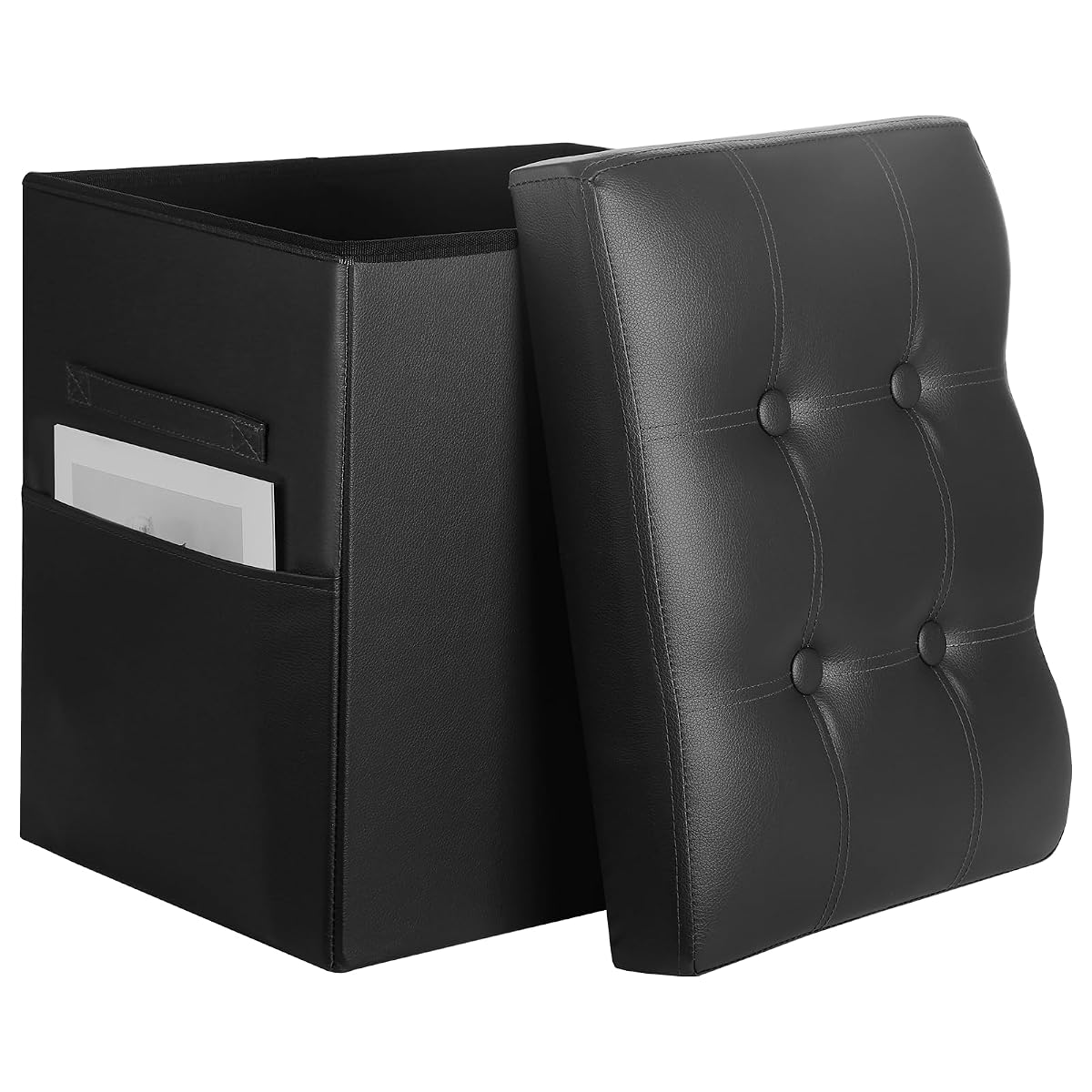 Storage Ottoman Foot Rest Stool with Thicker Foam Padded Seat. Slim Tall Folding Leather Small Ottoman with Storage Furniture for Dorm Living Room Bedroom Coffee Table 350 lbs, 17x13x17in, Black