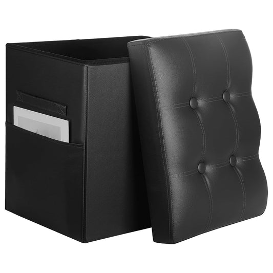 Storage Ottoman Foot Rest Stool with Thicker Foam Padded Seat. Slim Tall Folding Leather Small Ottoman with Storage Furniture for Dorm Living Room Bedroom Coffee Table 350 lbs, 17x13x17in, Black