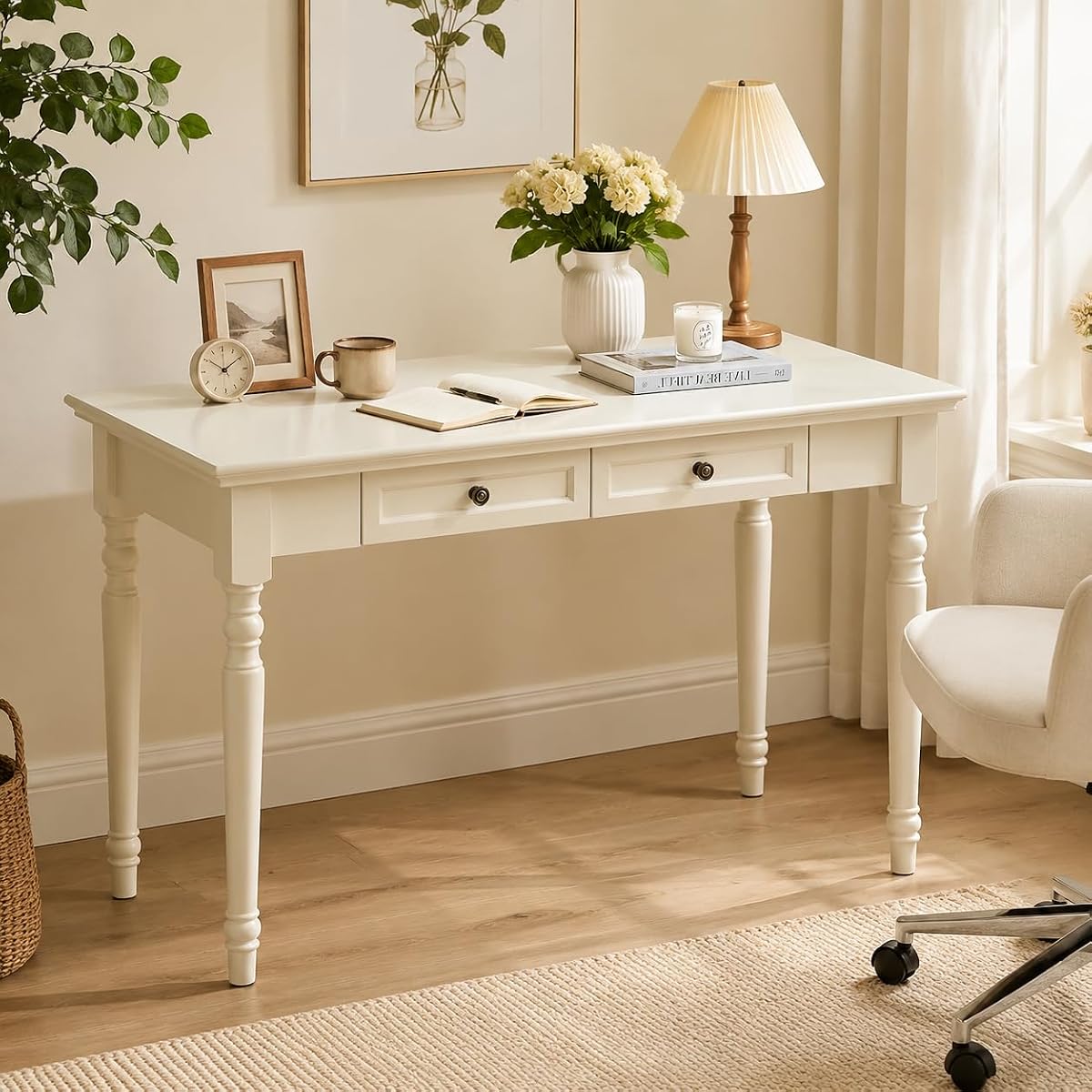 47 Inch Solid Wood Computer Writing Desk with Drawers, White