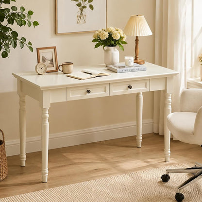 47 Inch Solid Wood Computer Writing Desk with Drawers, White
