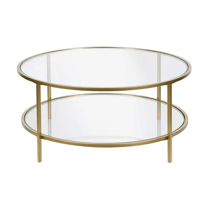 36" Wide Round Coffee Table with Glass Top in Brass, Round Coffee Table for living room, studio apartment essentials