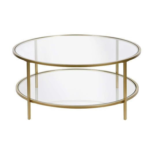 36" Wide Round Coffee Table with Glass Top in Brass, Round Coffee Table for living room, studio apartment essentials