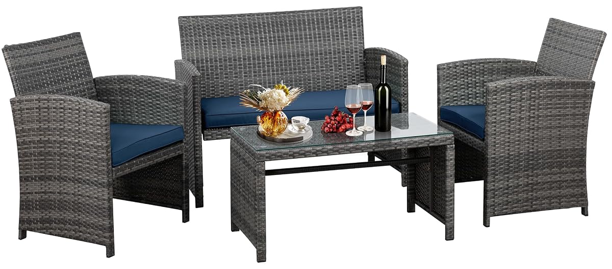 4 Piece Outdoor Patio Furniture Set, Outdoor Wicker Rattan Chairs Conversation Sets with Cushions & Coffee Table for Outside, Garden, Balcony, Porch, Dark Blue
