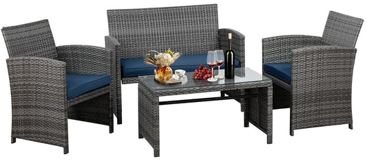4 Piece Outdoor Patio Furniture Set, Outdoor Wicker Rattan Chairs Conversation Sets with Cushions & Coffee Table for Outside, Garden, Balcony, Porch, Dark Blue