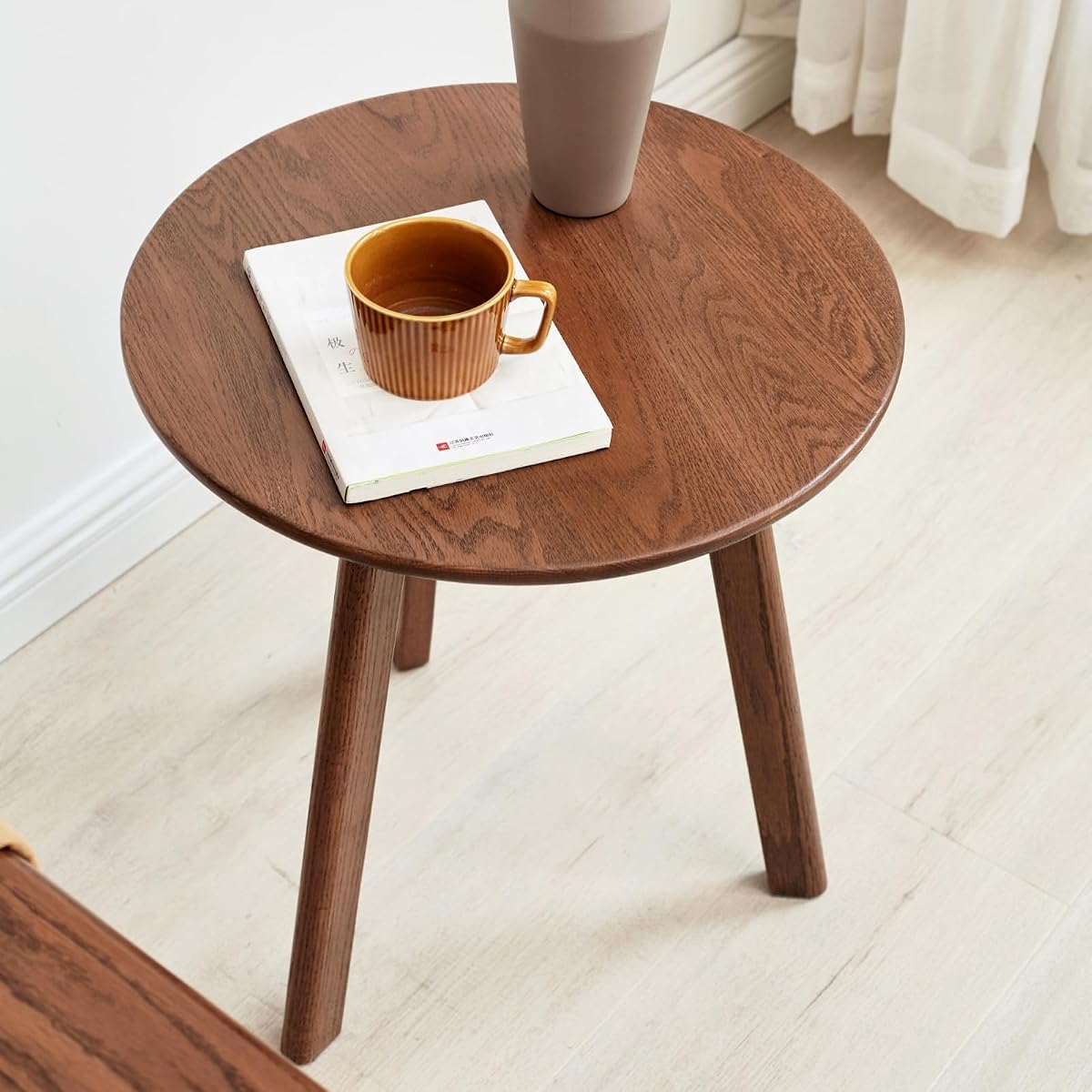 100% Solid Oak Round Side Table, Small Side Table for Small Spaces