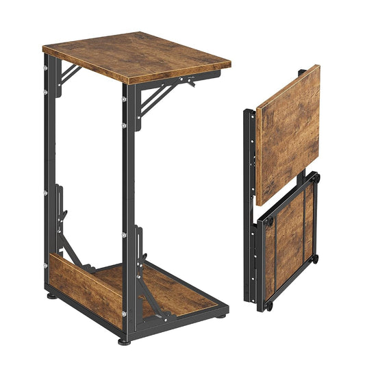 C Shaped End Table, Folding TV Tray Table, Side Table for Living Bedroom, Rustic Brown