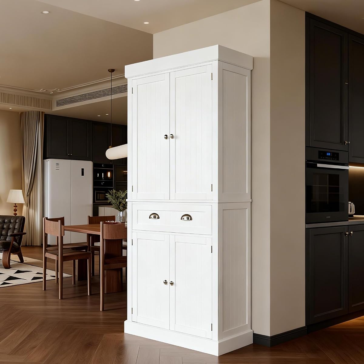 71-Inch White Storage Cabinets with Drawers, Freestanding Pantry Cabinets with Doors and Shelves Adjustable, Wood Farmhouse Kitchen Pantry Cupboard