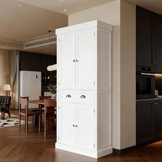 71-Inch White Storage Cabinets with Drawers, Freestanding Pantry Cabinets with Doors and Shelves Adjustable, Wood Farmhouse Kitchen Pantry Cupboard
