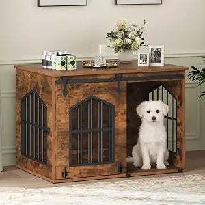 Dog Crate Furniture, 31.5" Farmhouse Dog Kennel with Sliding Barn Door, view 2