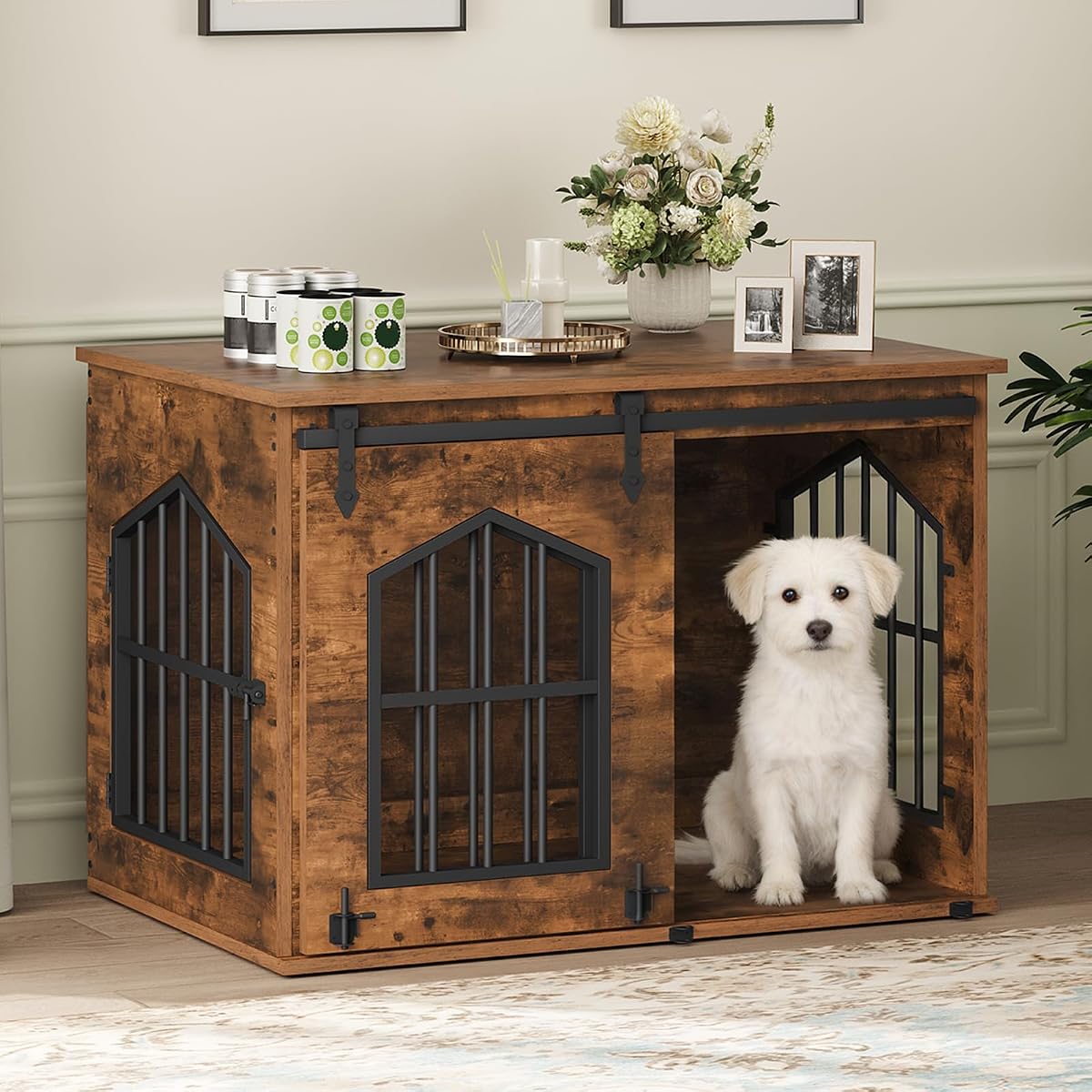 Dog Crate Furniture, 31.5" Farmhouse Dog Kennel with Sliding Barn Door