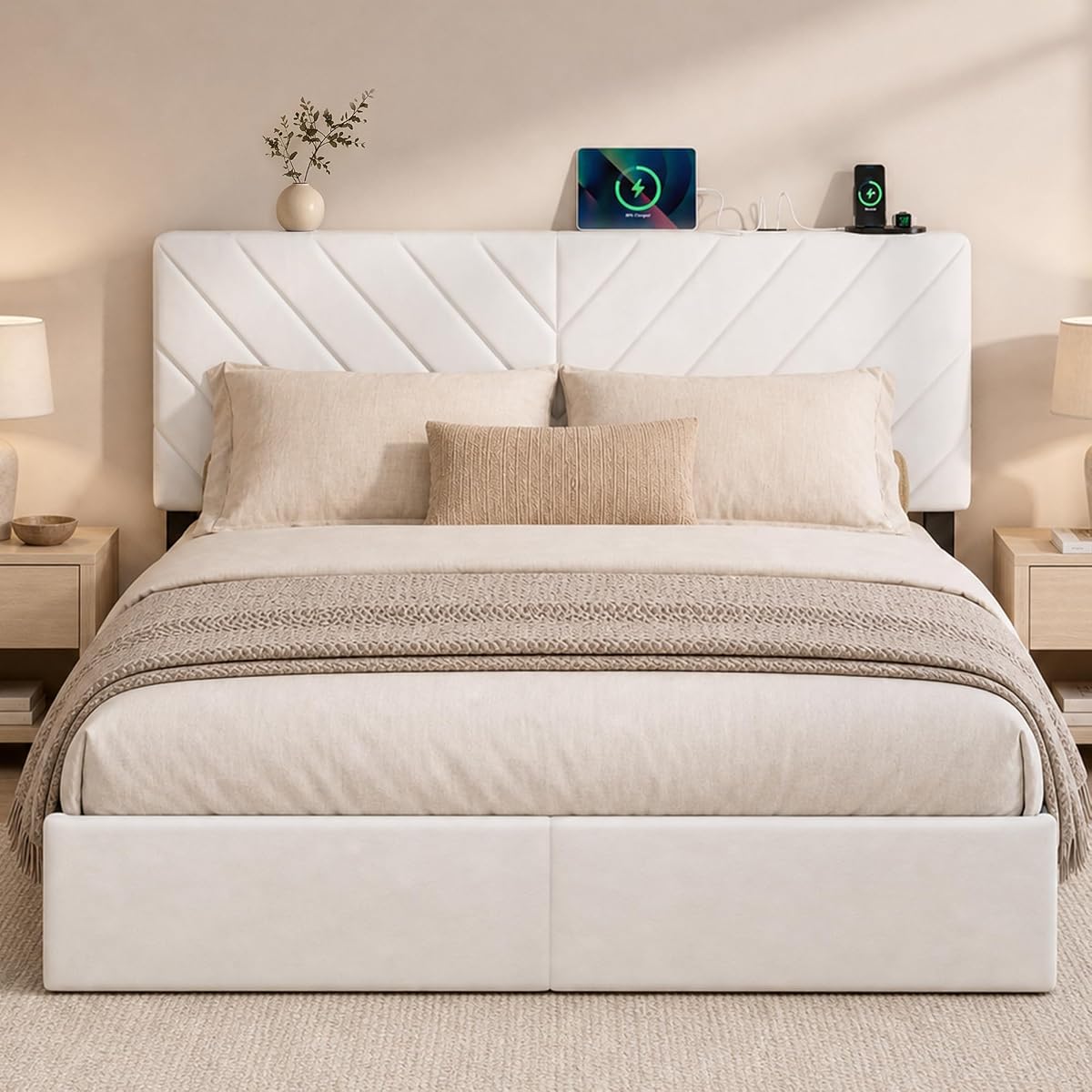 Queen Bed Frame with Adjustable Headboard, White Velvet Upholstered