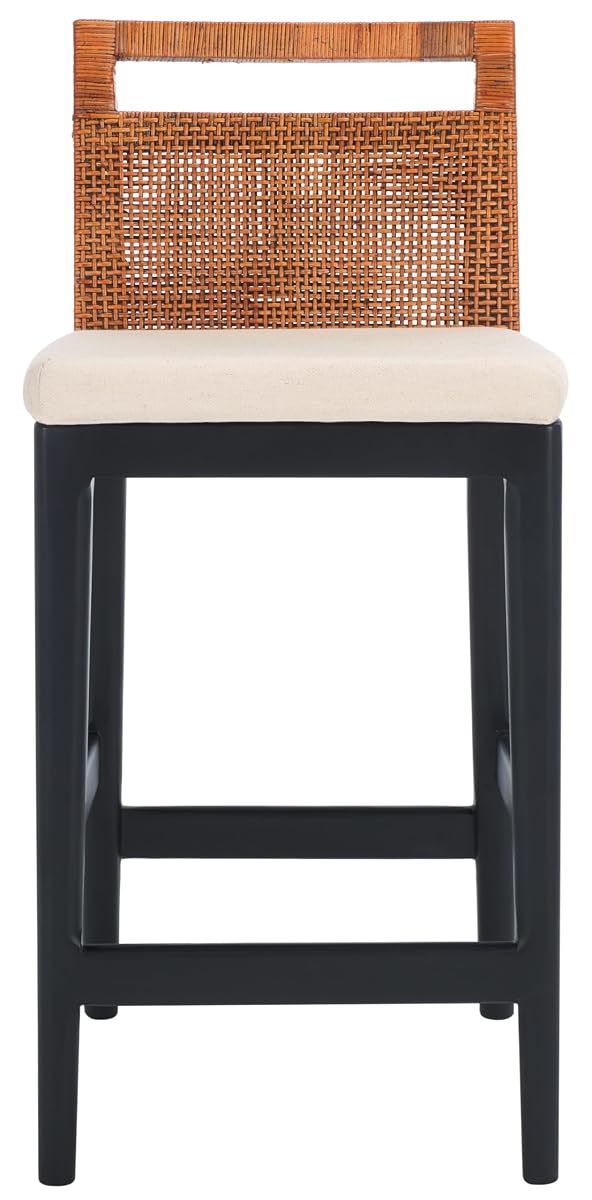 SAFAVIEH Furniture - Darin Counter Stool - Brown & White - Solid Wood - Coastal Upholstered Design - Ideal for Kitchen, Bar Area, Dining Room - Fully Assembled (BST4001D)