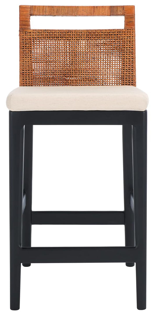 SAFAVIEH Furniture - Darin Counter Stool - Brown & White - Solid Wood - Coastal Upholstered Design - Ideal for Kitchen, Bar Area, Dining Room - Fully Assembled (BST4001D)