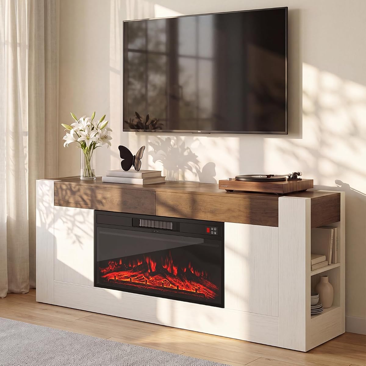 Modern 70 inch TV Stand with Electric Fireplace and Storage, White