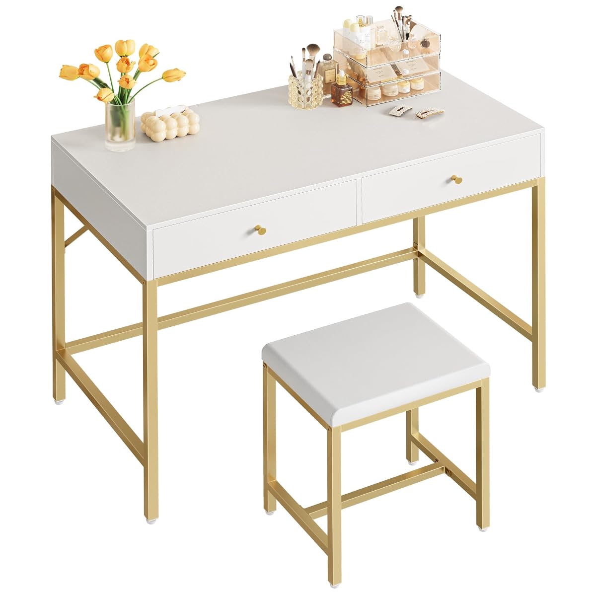 35.4" White and Gold Desk with 2 Drawers, Modern Makeup Vanity