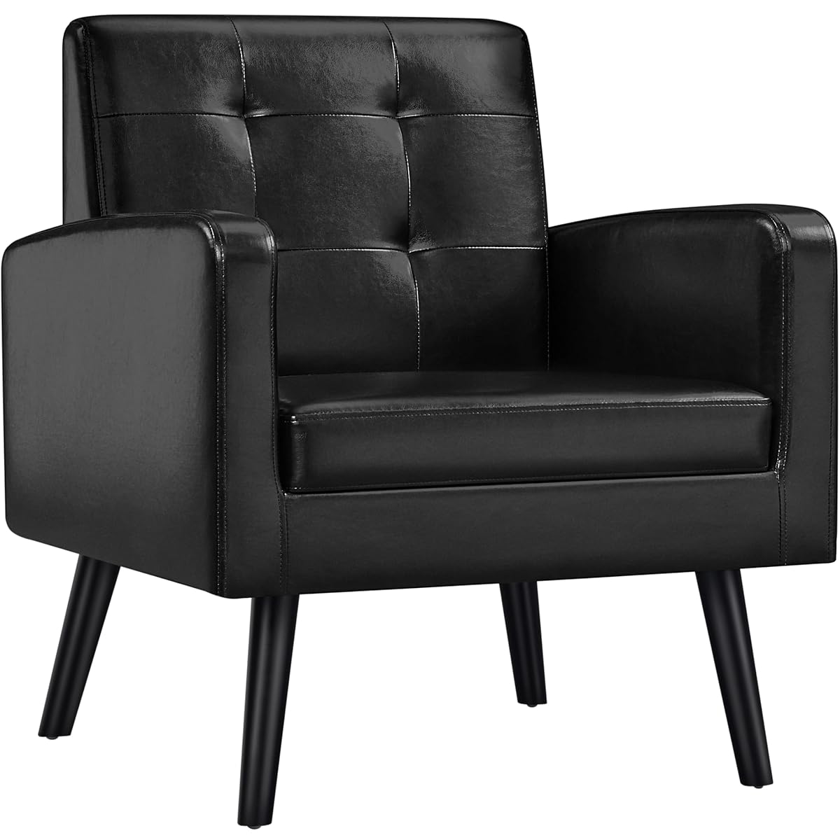 Yaheetech Mid-Century Accent Chairs, PU Leather Modern Upholstered Living Room Chair, Cozy Armchair Button Tufted Back and Wood Legs for Bedroom/Office/Cafe Black