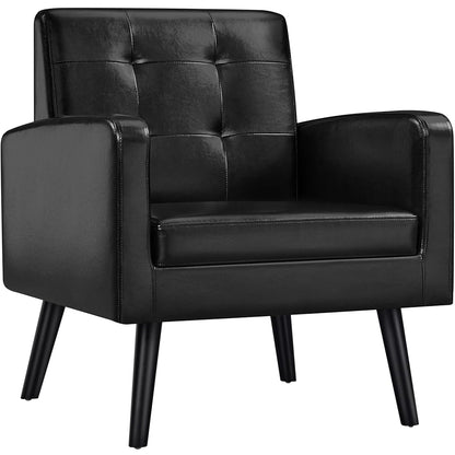 Yaheetech Mid-Century Accent Chairs, PU Leather Modern Upholstered Living Room Chair, Cozy Armchair Button Tufted Back and Wood Legs for Bedroom/Office/Cafe Black