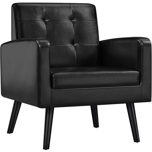Yaheetech Mid-Century Accent Chairs, PU Leather Modern Upholstered Living Room Chair, Cozy Armchair Button Tufted Back and Wood Legs for Bedroom/Office/Cafe Black
