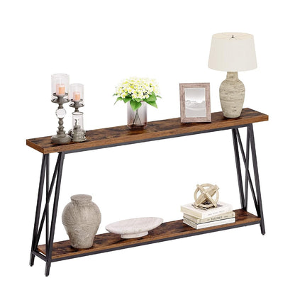 Console Table for Entryway, 63" Industrial Entryway Table, 2-Tier Extra Long Sofa Table Behind Couch, X-Shaped Support, for Entryway, Hallway, Living Room, Rustic Brown CTHR4801Z