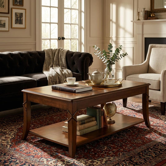 Solid Wood Coffee Table with Storage Shelf, Mid-Century Living Room Table with Wood Carved Tabletop and Leg, 43.3” Splicing Cocktail Center Table,Easy Assembly, Cherry Brown KFZ-DR200