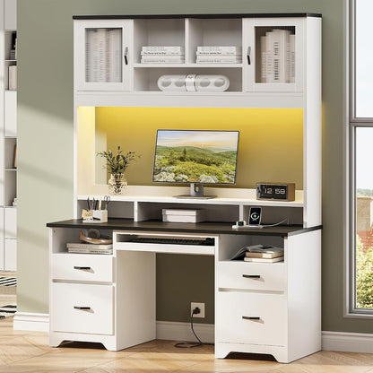 77.8" H Computer Desk with Hutch, Charging Station, LED Light,White