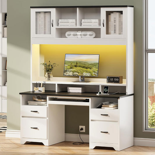 77.8" H Computer Desk with Hutch, Charging Station, LED Light,White