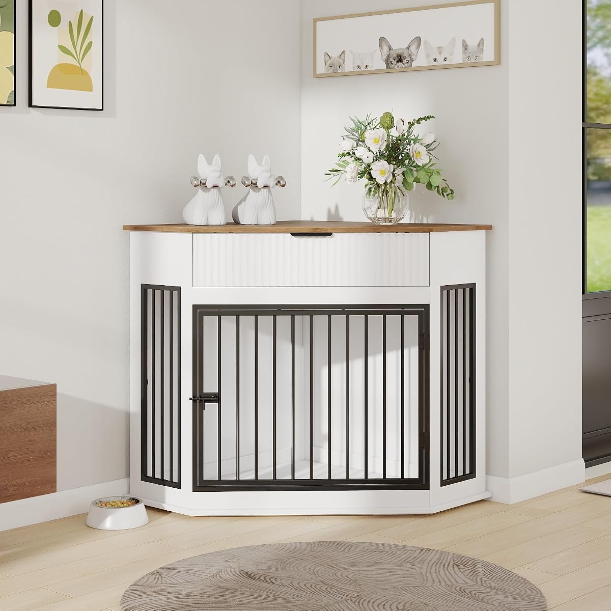 Corner Dog Crate Furniture with Fluted Storage Drawer