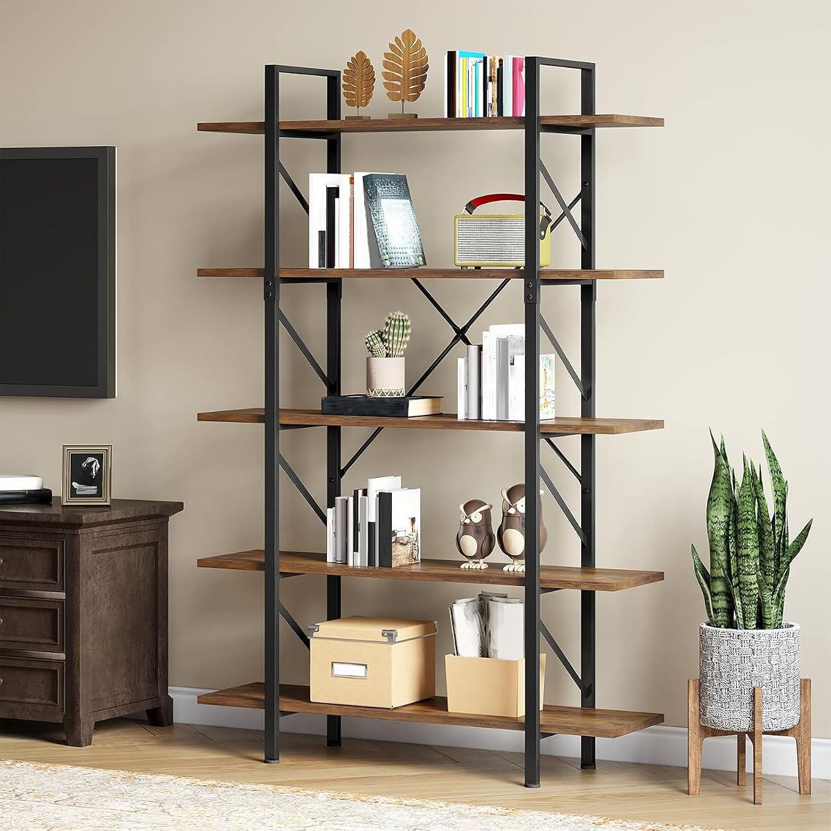 5 Tier Bookshelf | Large Bookcase Industrial Book Shelf Storage Organizer, Free Standing Storage Shelving Unit for Living Room, Bedroom,Home