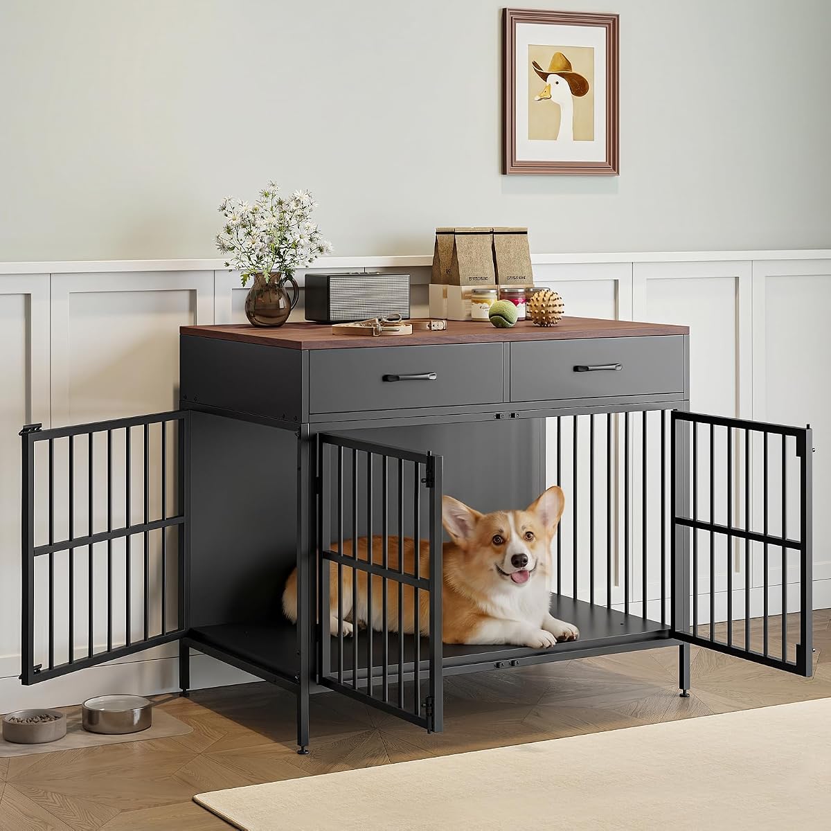XL Dog Crate Furniture, 39.4" Heavy-Duty Dog Kennel with 2 Storage Drawers