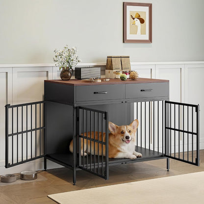 XL Dog Crate Furniture, 39.4" Heavy-Duty Dog Kennel with 2 Storage Drawers