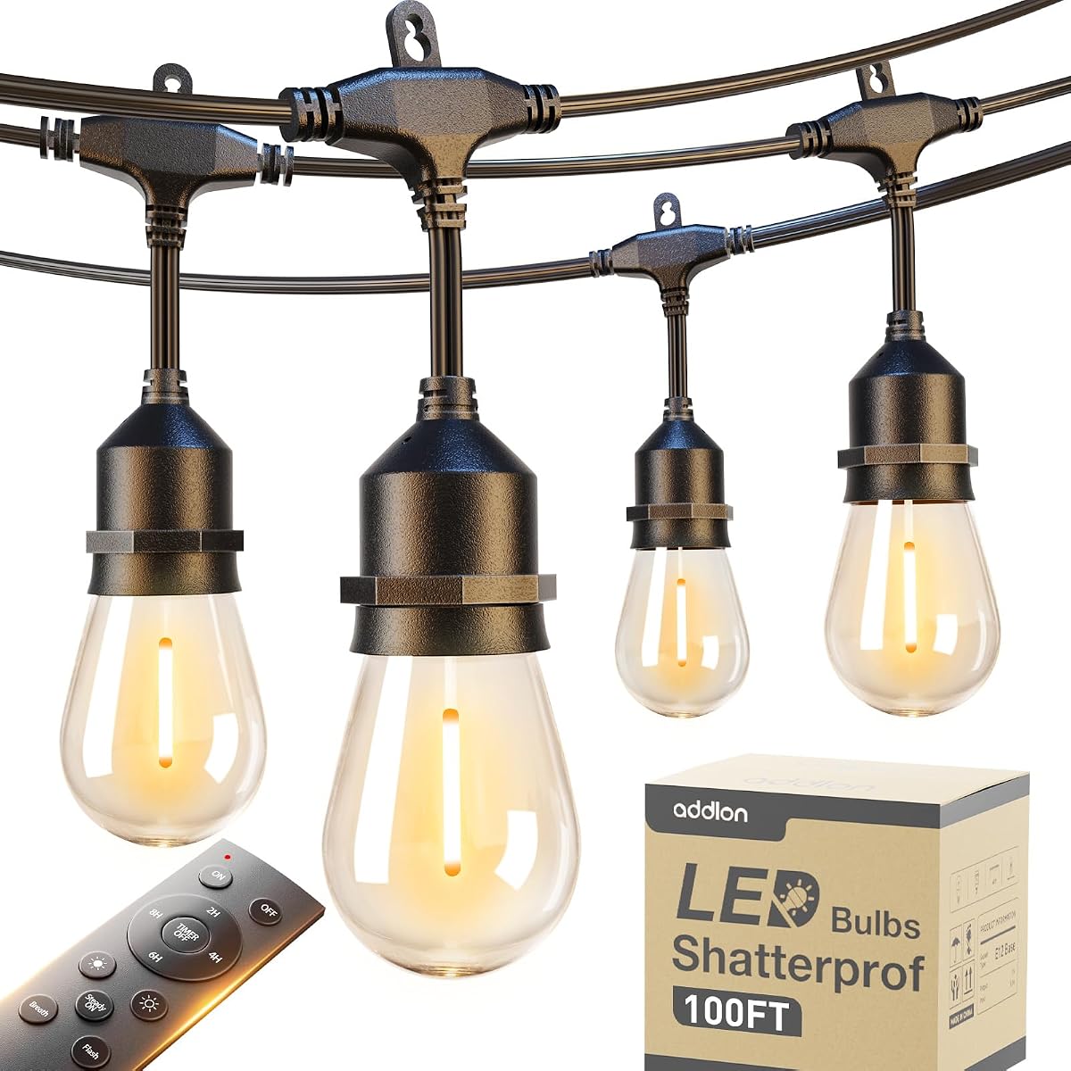 100FT Outdoor String Lights with Remote Dimmable Patio Lights Waterproof