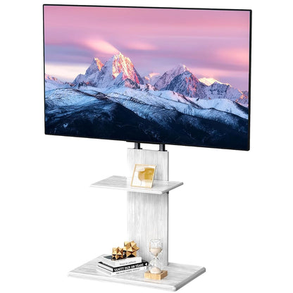 Floor TV Stand for 32-70" TVs, Height Adjustable, Media Shelf | White Furniture-style design with ±15° swivel, Supports up to 99 lbs, sturdy wood base for living room, Max VESA 600×400mm