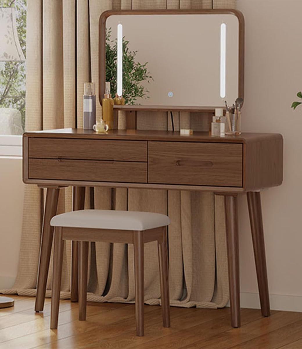 Solid Wood Vanity Desk with Mirror and 3 Lighting Modes