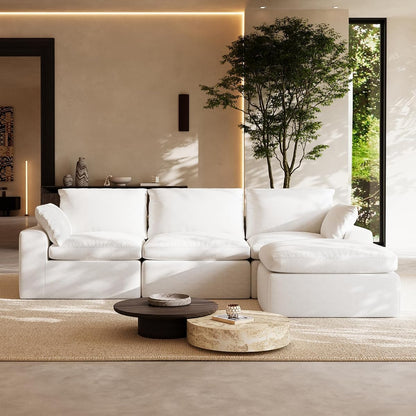 104.3" Modular Cloud Couch, Modern Sectional Sofa with Smarts Coil® Support, Chenille Fabric, Upholstered Couch for Living Room Apartments Bedroom, No Assembly, 3 Seater + 1 Ottoman, White