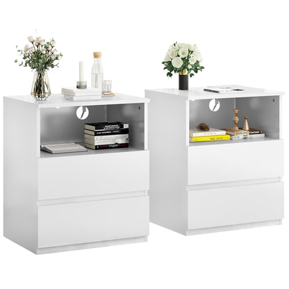 (Set of 2) End Table with Fast USB C Charging Station, Sofa Side Table with 2 Drawers, Large Storage Wood Storage Cabinet for Living Room,Bedroom,Office, White