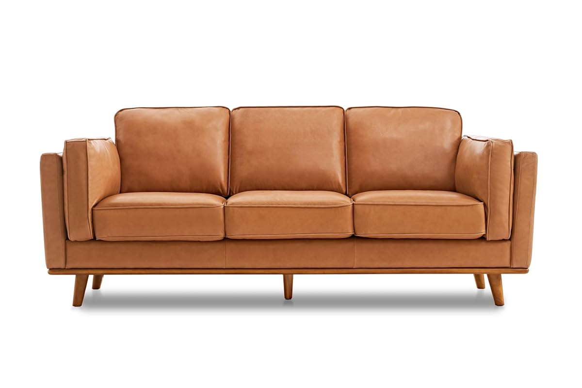 Valencia Artisan Full Leather Sofa 88” - Pure Full Italian Nappa Leather Couch, Solid Wood Accent, Ultimate Comfort, Cognac Tan