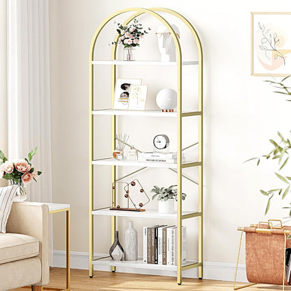 Bookshelf 5 Tier Bookcase Arched Display Racks Tall Standing Bookshelves Metal Frame Modern Storage Rack Shelf Large Wood Book Shelf for Bedroom, Living Room, Home Office, White/Gold