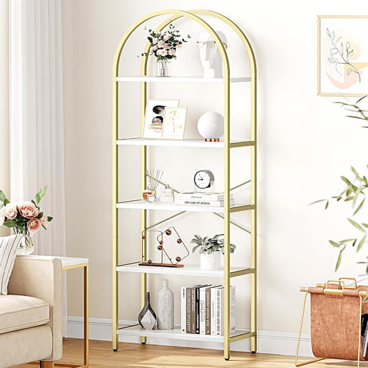 Bookshelf 5 Tier Bookcase Arched Display Racks Tall Standing Bookshelves Metal Frame Modern Storage Rack Shelf Large Wood Book Shelf for Bedroom, Living Room, Home Office, White/Gold