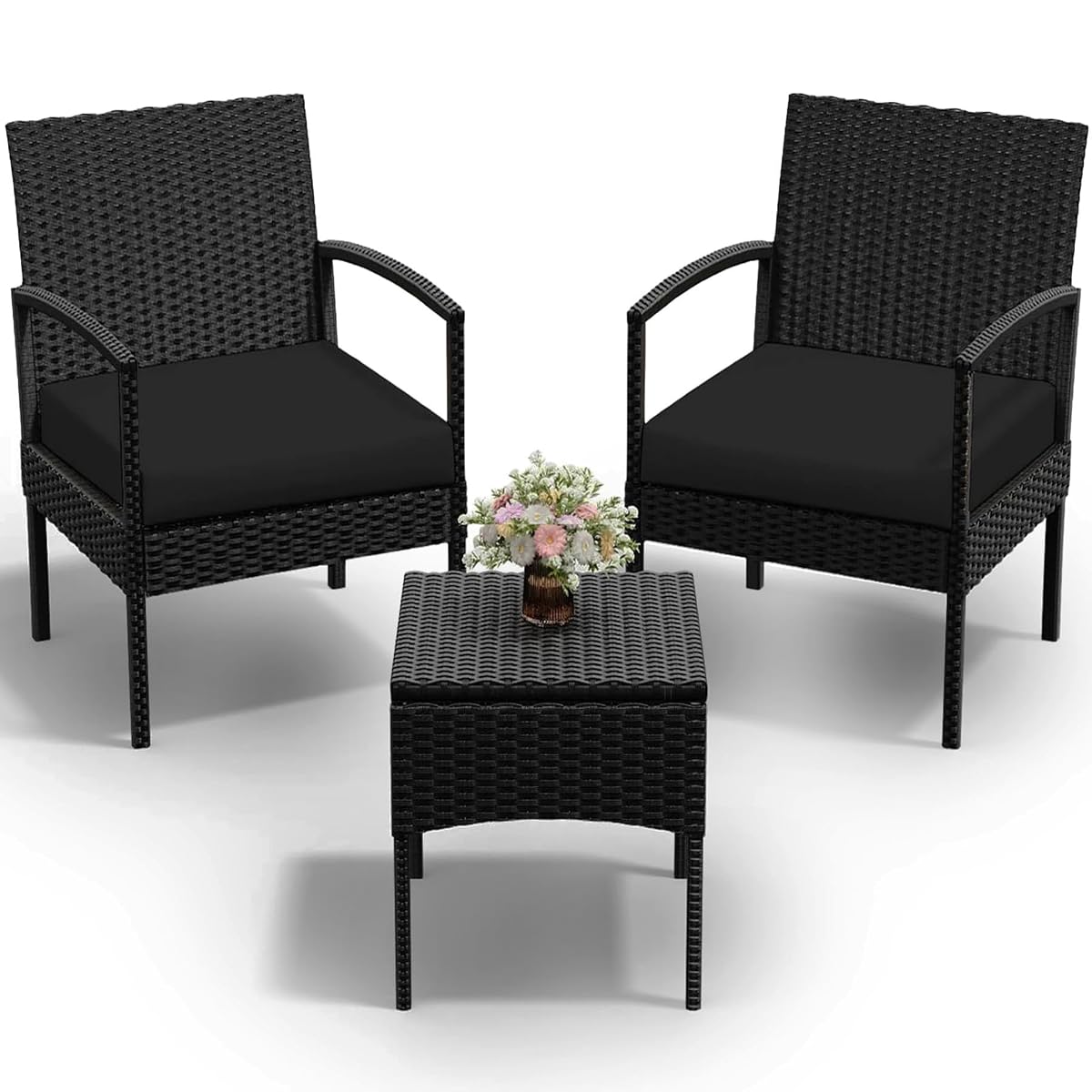 3 PCS Patio Rattan Conversation Bistro Chairs Set, Outdoor Patio Furniture Wicker Bistro Set with Coffee Table for Garden Porch Balcony Yard Lawn, Black