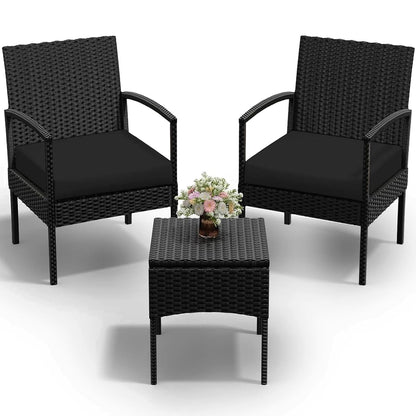 3 PCS Patio Rattan Conversation Bistro Chairs Set, Outdoor Patio Furniture Wicker Bistro Set with Coffee Table for Garden Porch Balcony Yard Lawn, Black