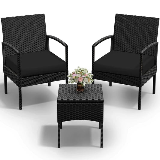 3 PCS Patio Rattan Conversation Bistro Chairs Set, Outdoor Patio Furniture Wicker Bistro Set with Coffee Table for Garden Porch Balcony Yard Lawn, Black