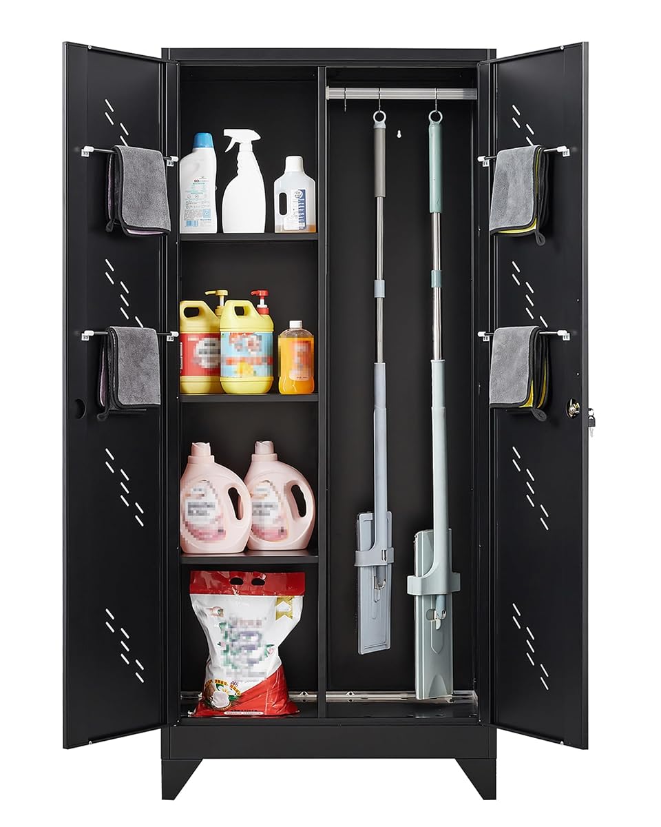 Metal Storage Cabinet with Lock, 71" Garage Storage Cabinets with Hanging Rod & S-Hooks, Large Storage Cabinet, Locking Tool Utility Closet, Black