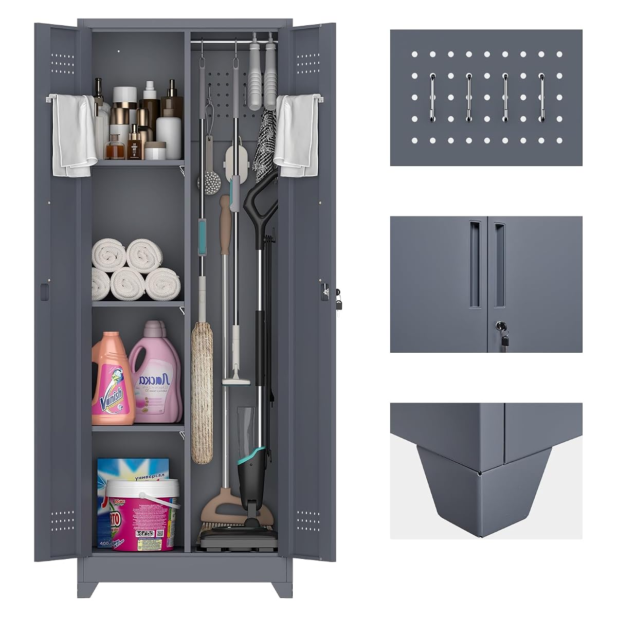 65" H Metal Garage Storage Cabinet,Broom Closet Storage Cabinet with Adjust Shelves,Utility Cabinet,Utility Closet for Garage,Gray