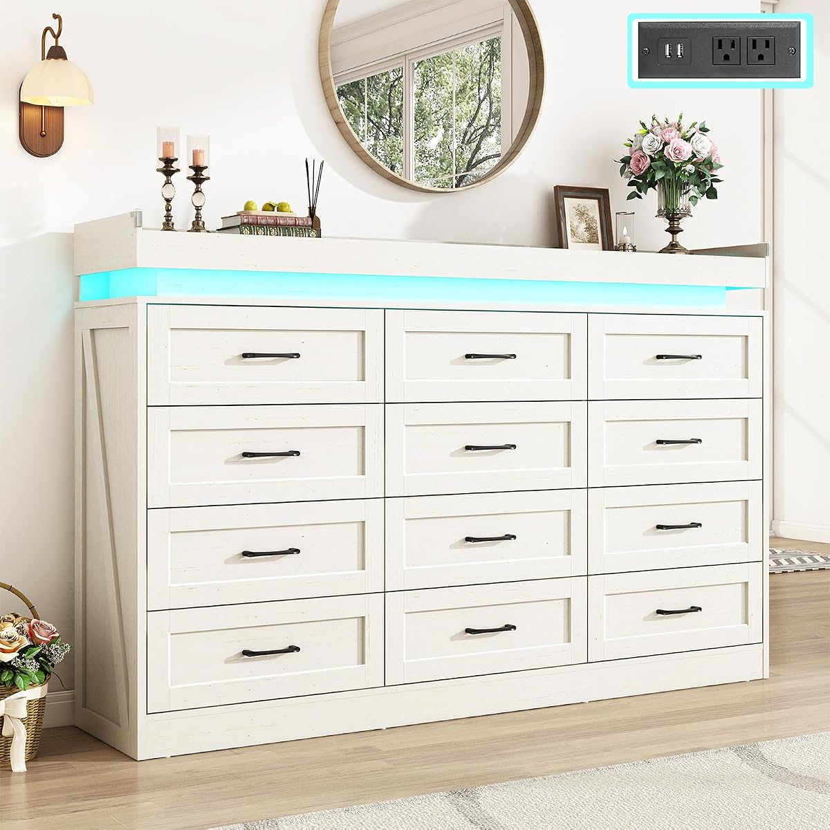 71" Wide 46" Tall Large Farmhouse 12 Drawers Dresser for Bedroom with LED Light
