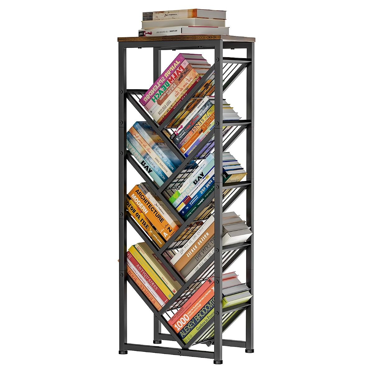 Cutogxon Tree Bookshelf - 9 Tier Visual Metal Floor Standing Book Shelf with Wooden Top, Small Bookshelf for Small Spaces Bookshelves Book Storage Organizer Shelves for Living Room Bedroom Black