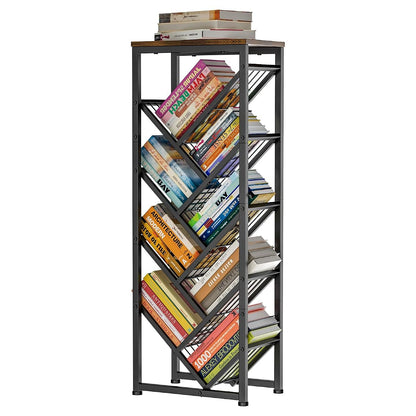 Cutogxon Tree Bookshelf - 9 Tier Visual Metal Floor Standing Book Shelf with Wooden Top, Small Bookshelf for Small Spaces Bookshelves Book Storage Organizer Shelves for Living Room Bedroom Black